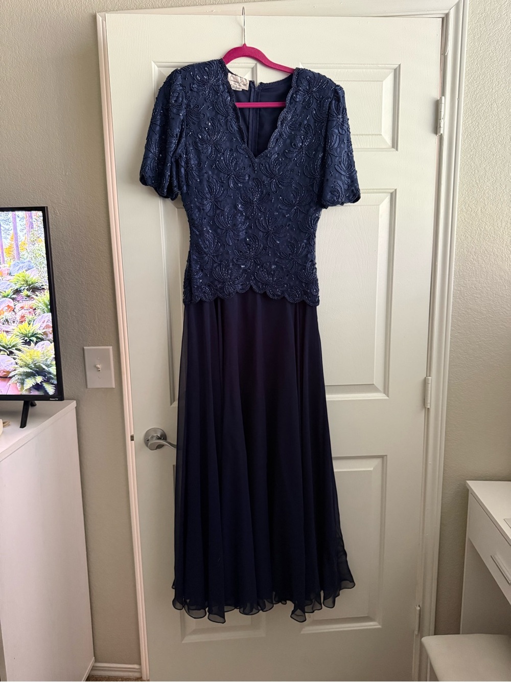 Laurence Kazar Navy Beaded Lace & Chiffon Gown
